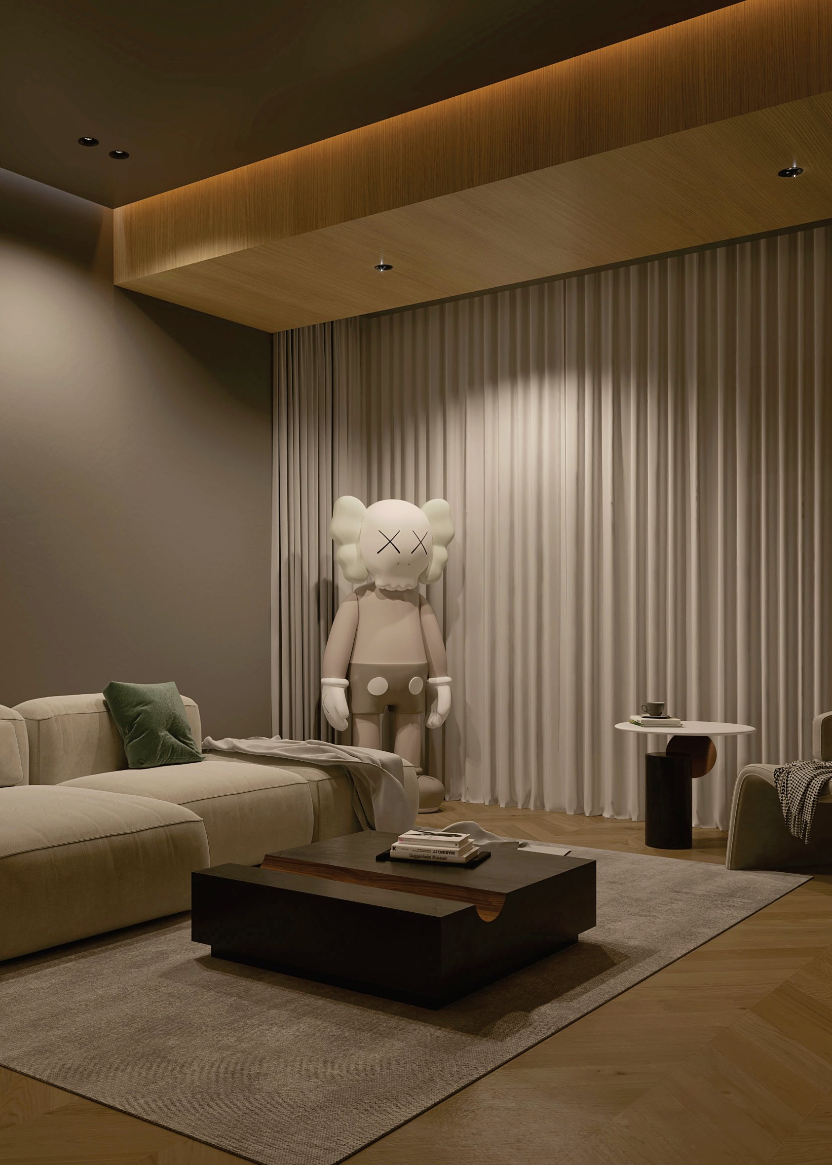 Warm residential interior lit with recessed downlights